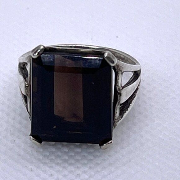 CNA Jewelry - Vintage Smoky Quartz Cocktail Ring 925 Sterling Silver Emerald Cut Size 6.75